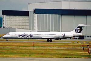 Alaska Airlines MD-83 (N977AS) at Vancouver International Airport, side view on the ramp.