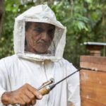 Indigenous beekeeper in protective suit opening a stingless-bee hive beside wooden boxes in Amazon forest near the Tapajós River