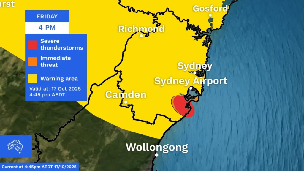 Bureau of Meteorology severe thunderstorm warning map for Sydney on 17 Oct 2025 indicating risk areas for large hail and damaging winds.