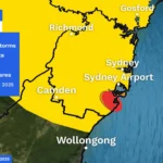 Bureau of Meteorology severe thunderstorm warning map for Sydney on 17 Oct 2025 indicating risk areas for large hail and damaging winds.