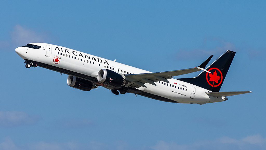 Air Canada Boeing 737 MAX-8 on the apron at sunset
