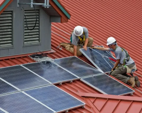 Two workers installing solar panels on a red metal roof of a building in Wayne National Forest.
