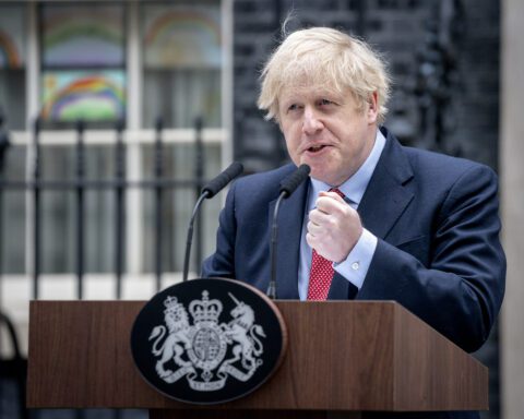 Boris Johnson speaking outside 10 Downing Street on 27 April 2020