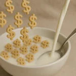 Dollar-shaped cereal pieces falling into a milk bowl with a spoon, symbolizing rising food costs and WIC funding crisis in the U.S.