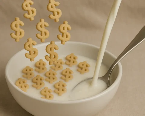 Dollar-shaped cereal pieces falling into a milk bowl with a spoon, symbolizing rising food costs and WIC funding crisis in the U.S.