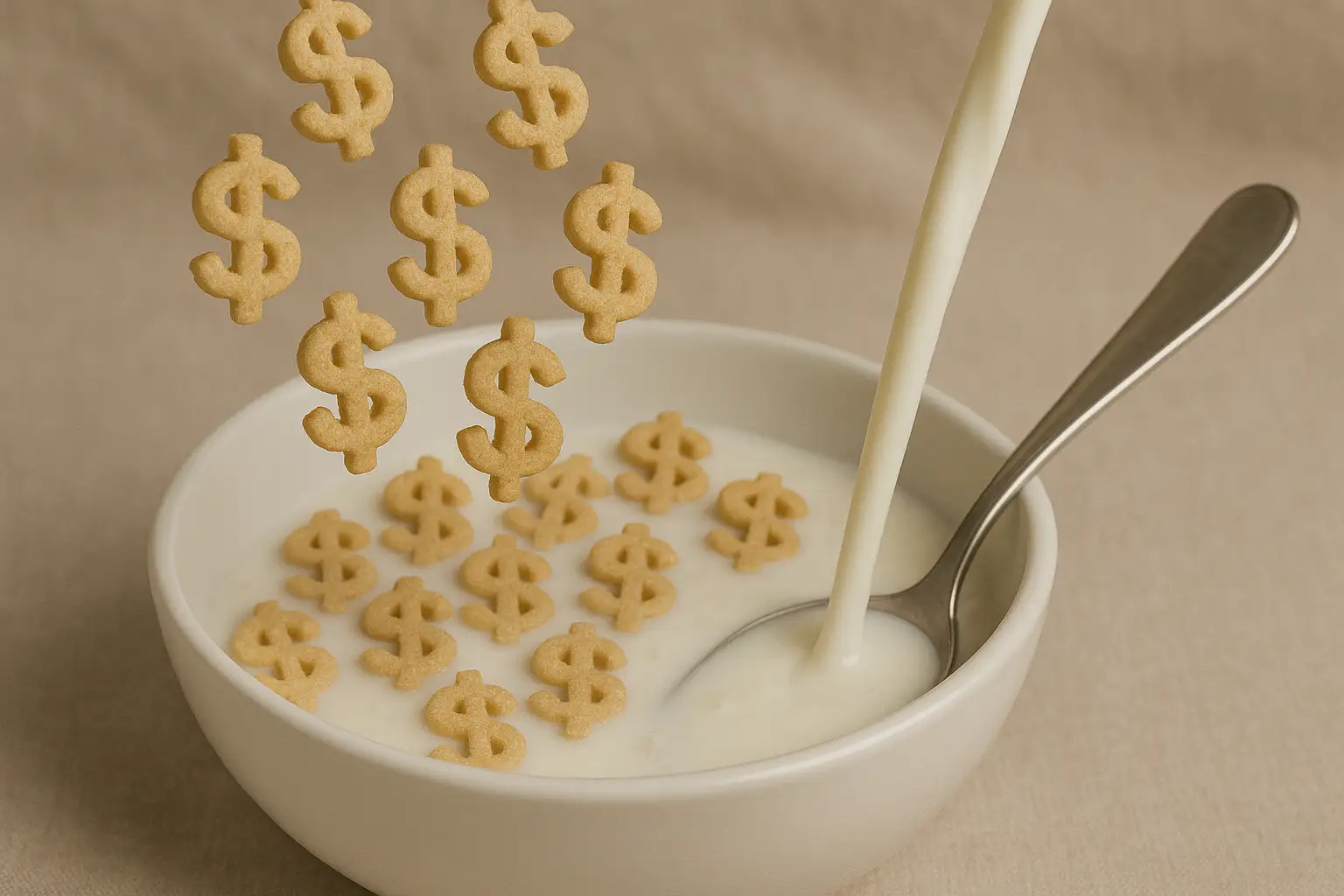 Dollar-shaped cereal falling into a milk bowl with a spoon, evoking food costs and WIC benefit strain.