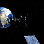 Illustration of Earth with the Moon and a satellite against a dark space background