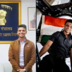 Group Captain Shubhanshu Shukla — Indian Air Force test pilot and ISRO astronaut — with Education Secretary Sanjay Kumar at Shastri Bhawan, New Delhi, and inside the International Space Station with the Indian flag; representing his appointment as Brand Ambassador for Viksit Bharat Buildathon 2025.