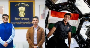 Group Captain Shubhanshu Shukla — Indian Air Force test pilot and ISRO astronaut — with Education Secretary Sanjay Kumar at Shastri Bhawan, New Delhi, and inside the International Space Station with the Indian flag; representing his appointment as Brand Ambassador for Viksit Bharat Buildathon 2025.