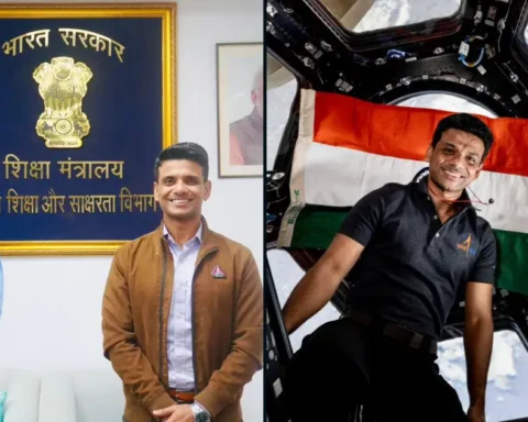 Group Captain Shubhanshu Shukla — Indian Air Force test pilot and ISRO astronaut — with Education Secretary Sanjay Kumar at Shastri Bhawan, New Delhi, and inside the International Space Station with the Indian flag; representing his appointment as Brand Ambassador for Viksit Bharat Buildathon 2025.