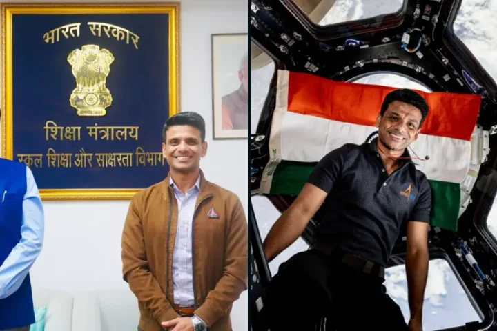 Group Captain Shubhanshu Shukla — Indian Air Force test pilot and ISRO astronaut — with Education Secretary Sanjay Kumar at Shastri Bhawan, New Delhi, and inside the International Space Station with the Indian flag; representing his appointment as Brand Ambassador for Viksit Bharat Buildathon 2025.