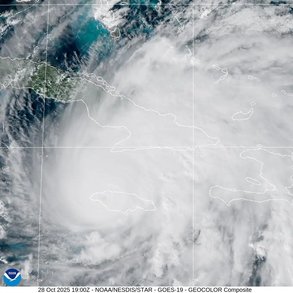 National Hurricane Center forecast path graphic for Hurricane Melissa showing projected track across Jamaica toward Cuba and the Bahamas