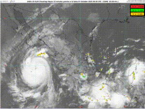 Satellite view of Hurricane Priscilla forming off Mexico’s coast with spiraling clouds and dense storm bands.