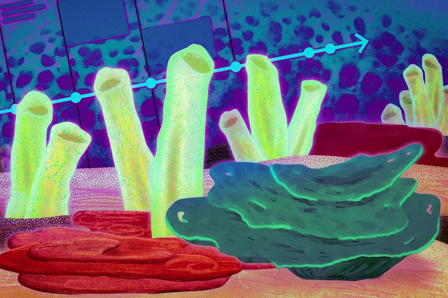 Fluorescent visualization of sponge-like structures with glowing yellow tube formations against purple, red, and green background