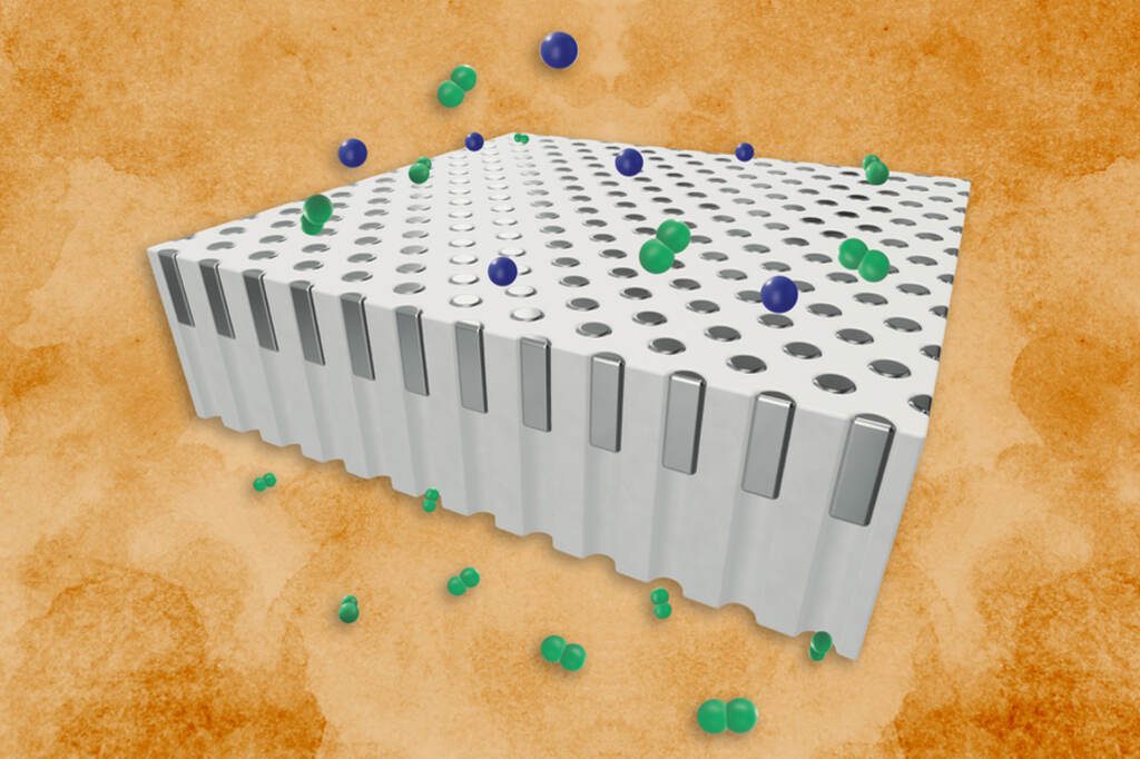 A schematic diagram illustrating a white, grid-like membrane structure with numerous small pores. Green and blue spheres, representing different gas molecules, approach the membrane. Only the green spheres are shown passing through the pores to the other side, while the blue spheres are blocked, depicting selective permeation.