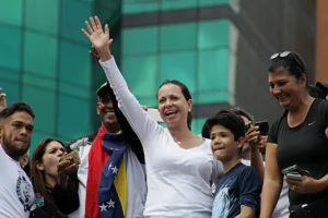 María Corina Machado addressing supporters at a 2019 Caracas march, symbolizing Venezuela’s democratic struggle.