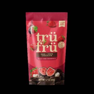 Three packages of Tru Fru freeze-dried strawberry products in bright red packaging with gold logo, showing the dark and white chocolate covered strawberry varieties that are subject to recall.