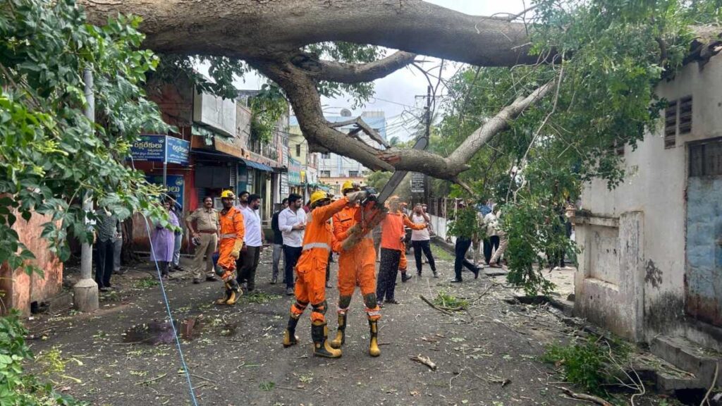 NDRF Cyclone Montha deployment graphic showing teams mobilised for rescue and clearance operations across coastal Andhra Pradesh and neighbouring states, with emergency preparedness messaging.