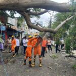 NDRF Cyclone Montha deployment graphic showing teams mobilised for rescue and clearance operations across coastal Andhra Pradesh and neighbouring states, with emergency preparedness messaging.