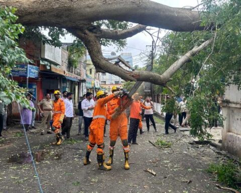 NDRF Cyclone Montha deployment graphic showing teams mobilised for rescue and clearance operations across coastal Andhra Pradesh and neighbouring states, with emergency preparedness messaging.