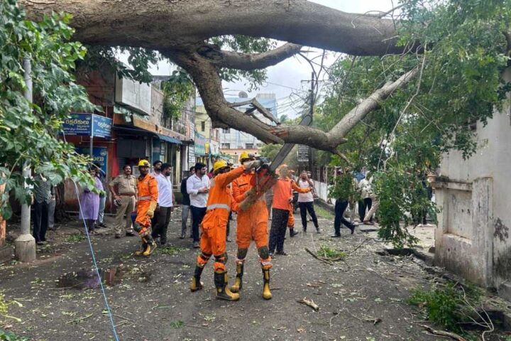 NDRF Cyclone Montha deployment graphic showing teams mobilised for rescue and clearance operations across coastal Andhra Pradesh and neighbouring states, with emergency preparedness messaging.