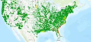 Flood inundation map from NOAA’s National Water Prediction Service showing flood risk markers across the southeastern United States.