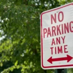 No Parking Any Time sign with left and right arrows on a reflective white plate against leafy green background.