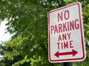 No Parking Any Time sign with left and right arrows on a reflective white plate against leafy green background.