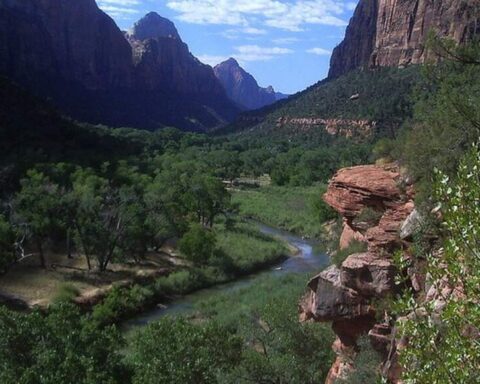 A lush green valley with a winding river and towering red rock cliffs under a dramatic sky at Zion National Park, representing the natural resources at risk during government shutdowns.
