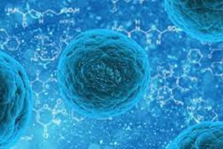 Microscopic view of human cells, depicted as blue spheres against a molecular background.