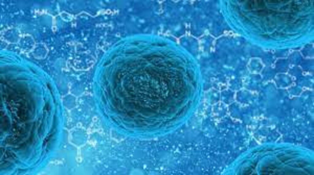 Microscopic view of human cells, depicted as blue spheres against a molecular background.