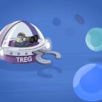 Illustration depicting a stylized representation of a regulatory T cell, shown as a small, futuristic vehicle with a scientist figure inside, surrounded by larger, colorful spheres representing other immune cells or targets.