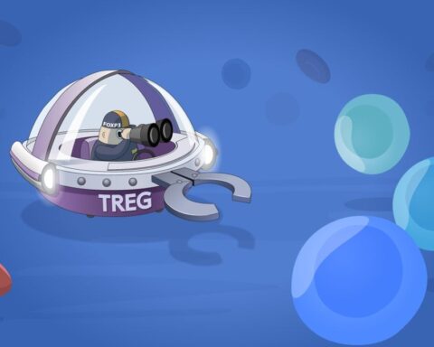 Illustration depicting a stylized representation of a regulatory T cell, shown as a small, futuristic vehicle with a scientist figure inside, surrounded by larger, colorful spheres representing other immune cells or targets.