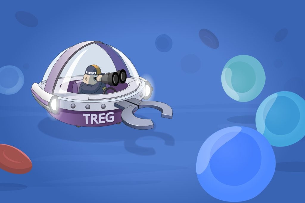 Illustration depicting a stylized representation of a regulatory T cell, shown as a small, futuristic vehicle with a scientist figure inside, surrounded by larger, colorful spheres representing other immune cells or targets.