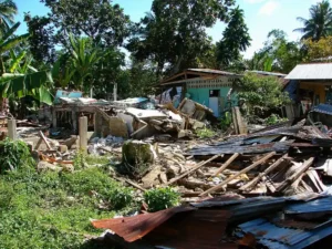 Collapsed home and debris in Loon, Bohol, Philippines after a strong quake, with nearby houses and trees in daylight