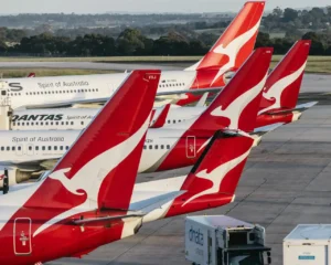 Multiple Qantas aircraft tails at Melbourne Airport with red kangaroo livery, parked on the tarmac in daylight