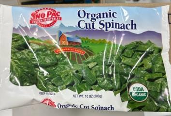 Front panel of Sno Pac Organic Cut Spinach, 10 oz.