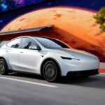 A white Tesla Model Y drives on a city street next to a colorful mural, with text overlay detailing features and pricing of the Model Y and Model 3 Standard models.