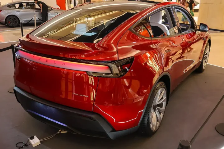 Tesla Model Y rear view display in Singapore showing the now affordable variant.