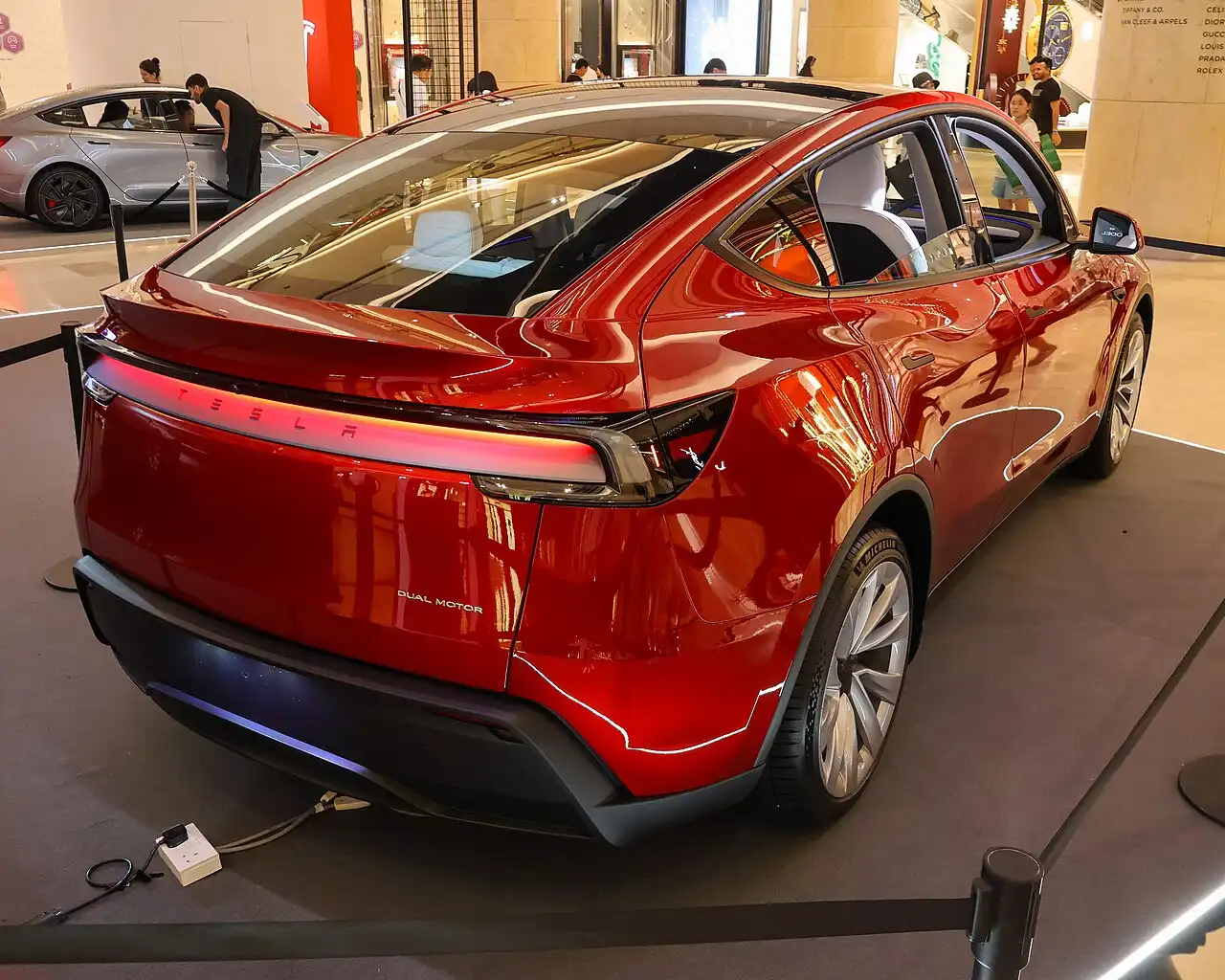 Tesla Model Y rear view display in Singapore showing new affordable variant.