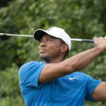 Tiger Woods during the 2018 Quicken Loans National at TPC Potomac, close-up mid-round.
