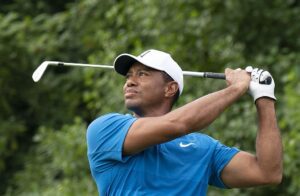 Tiger Woods during the 2018 Quicken Loans National at TPC Potomac, close-up mid-round.
