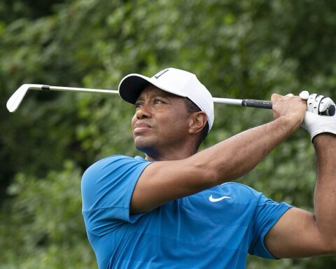 Tiger Woods during the 2018 Quicken Loans National at TPC Potomac, close-up mid-round.