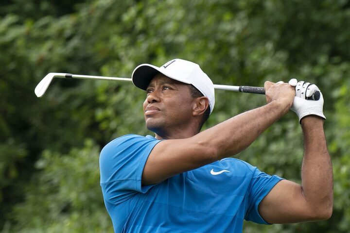 Tiger Woods during the 2018 Quicken Loans National at TPC Potomac, close-up mid-round.