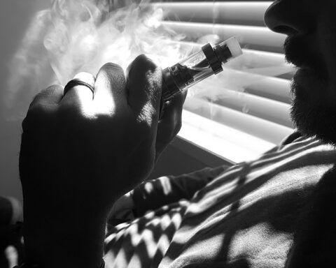 A black and white close-up of a person holding a vaping device, with vapor exhaling from their mouth, highlighting the act of vaping.