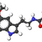 3D molecular stick model of melatonin illustrating its chemical structure and relevance to new research linking prolonged use with higher heart failure risk.