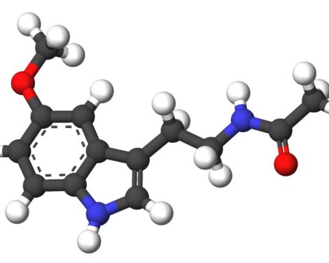 3D molecular stick model of melatonin illustrating its chemical structure and relevance to new research linking prolonged use with higher heart failure risk.