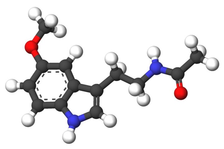 3D molecular stick model of melatonin illustrating its chemical structure and relevance to new research linking prolonged use with higher heart failure risk.