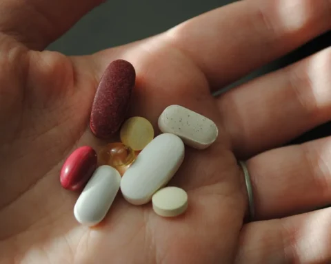 Person holding various supplement pills in the palm of their hand, illustrating the increasing use of synthetic vitamins in daily health routines.