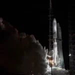 New Glenn rocket on the launch pad at Cape Canaveral Space Force Station before a scrubbed launch attempt for NASA’s ESCAPADE Mars mission.